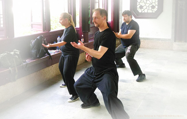 Chen Taijiquan Unterricht im Chinesischen Garten in Frankfurt am Main: Das Bild zeigt die Figur (Hand verdeckt Arm und Faust) während der Phase, in der die Energie von den Fersen zum Dantian aufsteigt - bereit zum Fajin. Image Chen Taijiquan im chinesischen Garten in Frankfurt